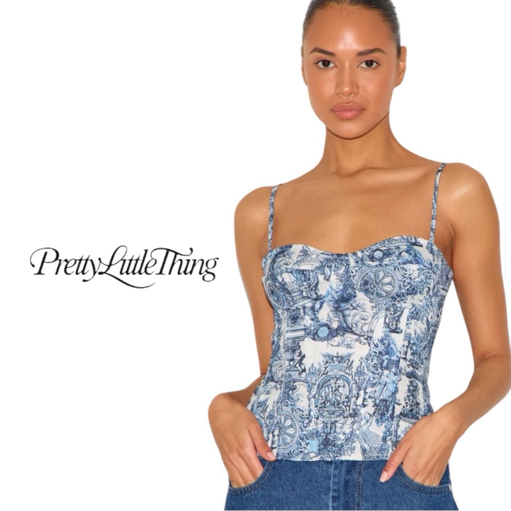 🌷PrettyLittleThing Blue Toile Print Corset Cami Top Size 12 3/$30